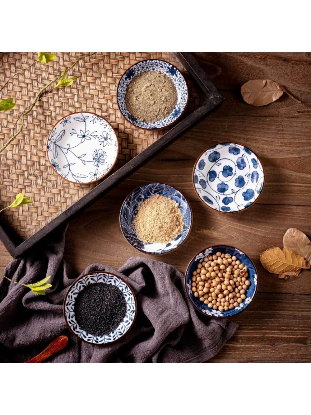 Set of 6 Japanese Ceramic Dipping Bowls - 4'' Blue & White Soy Sauce Dishes - Picture 6 of 8